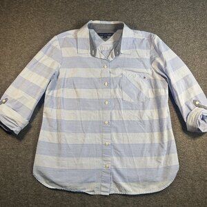 TOMMY HILFIGER Women's L Striped Roll-tab Sleeve Button Down Shirt Top Blouse